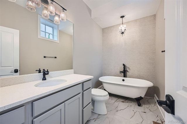 bathroom with a bath, tile walls, toilet, and vanity