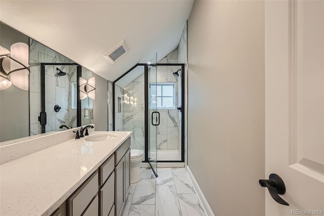 bathroom with an enclosed shower, toilet, and vanity