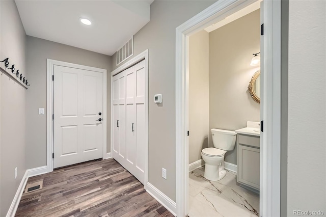 interior space with vanity, toilet, and hardwood / wood-style floors