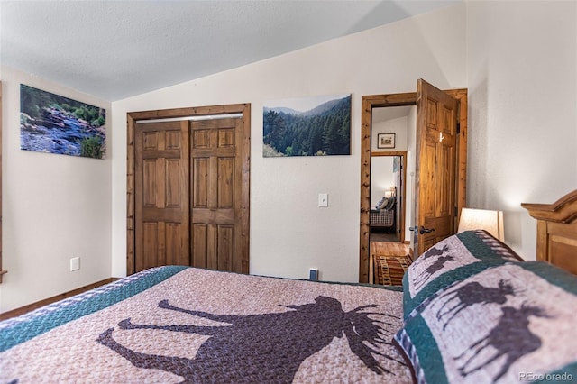 bedroom featuring lofted ceiling, a textured ceiling, and a closet