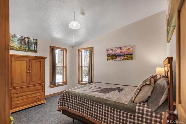 bedroom with lofted ceiling, baseboards, a textured ceiling, and carpet