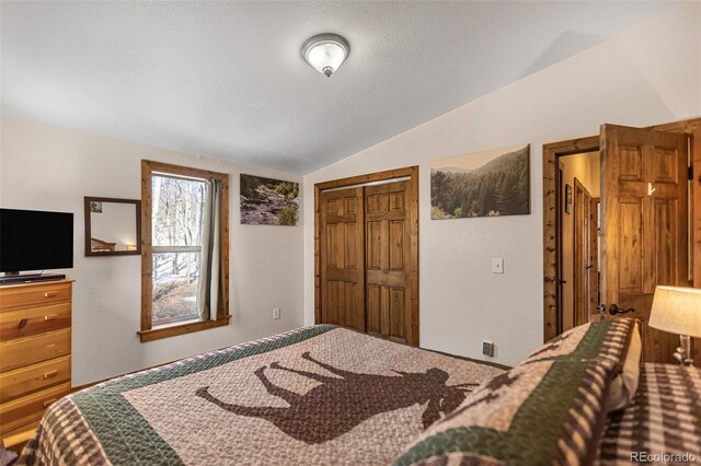 bedroom with a textured ceiling, vaulted ceiling, and a closet