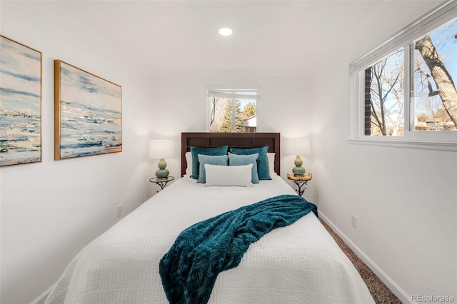 bedroom featuring recessed lighting, carpet flooring, and baseboards