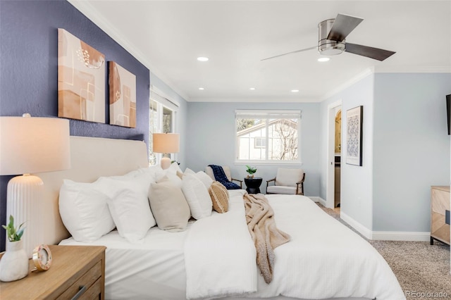 bedroom with ceiling fan, recessed lighting, carpet floors, baseboards, and ornamental molding