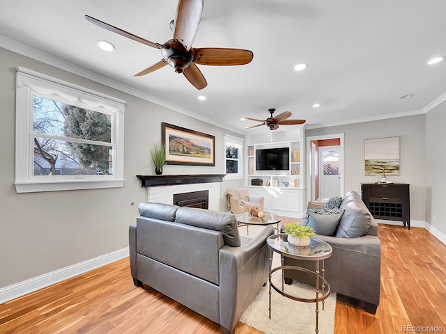 living room featuring light hardwood / wood-style floors, crown molding, and a healthy amount of sunlight