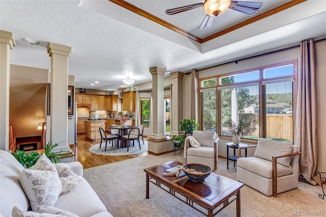 2613 Fox Run Ct, Fort Collins, CO 80526 - living area with ornate columns, a textured ceiling, crown molding, ceiling fan, and baseboards