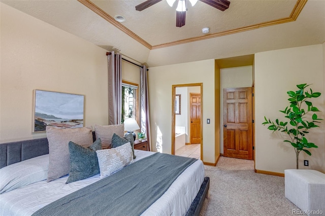 2613 Fox Run Ct, Fort Collins, CO 80526 - bedroom featuring ornamental molding, light colored carpet, a tray ceiling, baseboards, and connected bathroom