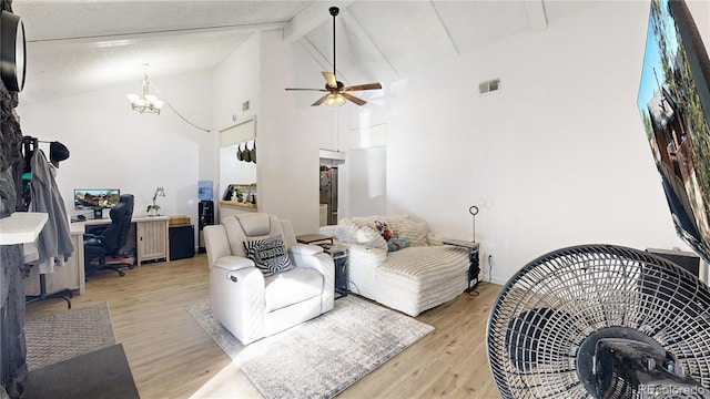 living room with beamed ceiling, high vaulted ceiling, ceiling fan with notable chandelier, and light wood-type flooring