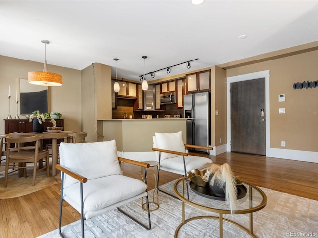 living room with rail lighting and light wood-type flooring