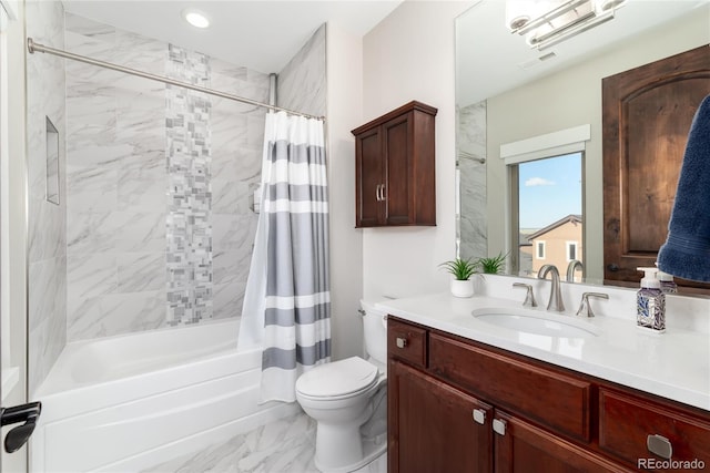 full bathroom featuring marble look tile flooring, toilet, shower / bath combination with curtain, vanity, and recessed lighting