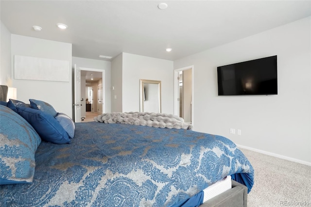 bedroom featuring carpet floors, recessed lighting, and baseboards