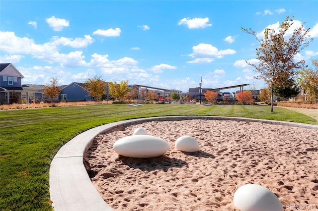 surrounding community with a yard and a residential view