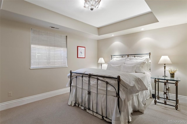 carpeted bedroom with recessed lighting, baseboards, and visible vents