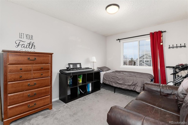 bedroom with carpet flooring and a textured ceiling