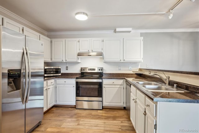 kitchen featuring light wood finished floors, dark countertops, stainless steel appliances, under cabinet range hood, and a sink