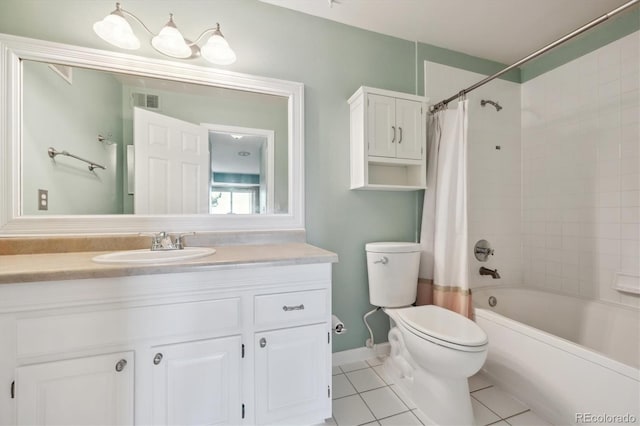 full bathroom with shower / tub combo, visible vents, toilet, tile patterned flooring, and vanity