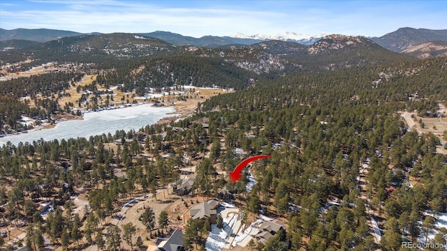 drone / aerial view featuring a mountain view and a wooded view