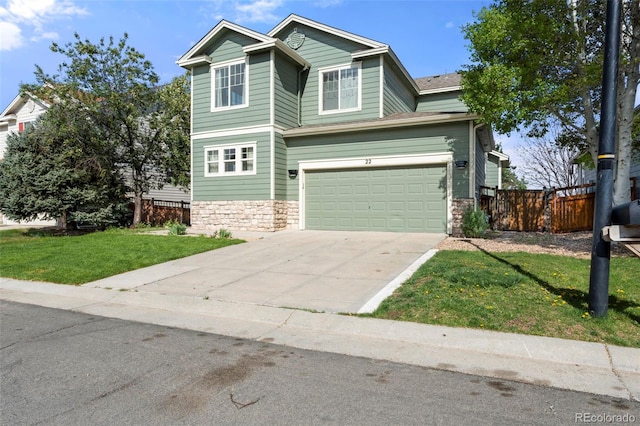 22 Apache Plume St, Brighton, CO 80601 - traditional home with stone siding, concrete driveway, and an attached garage