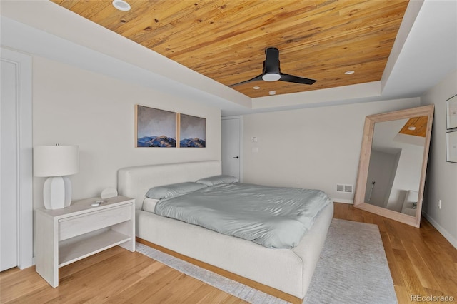 bedroom featuring wood finished floors, wood ceiling, visible vents, baseboards, and a tray ceiling