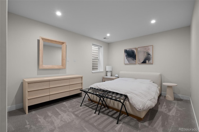 bedroom with recessed lighting, carpet flooring, and baseboards