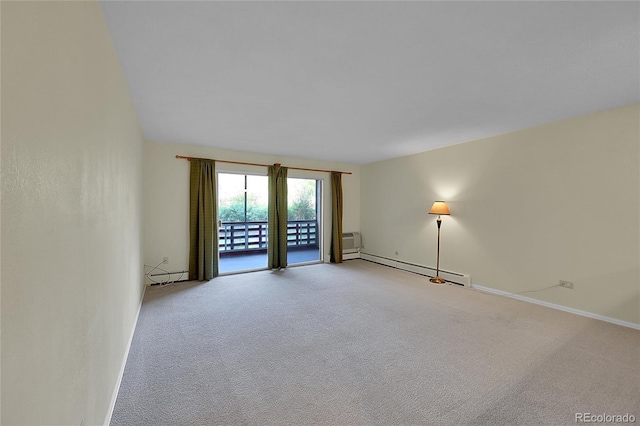 unfurnished room featuring baseboard heating and light colored carpet