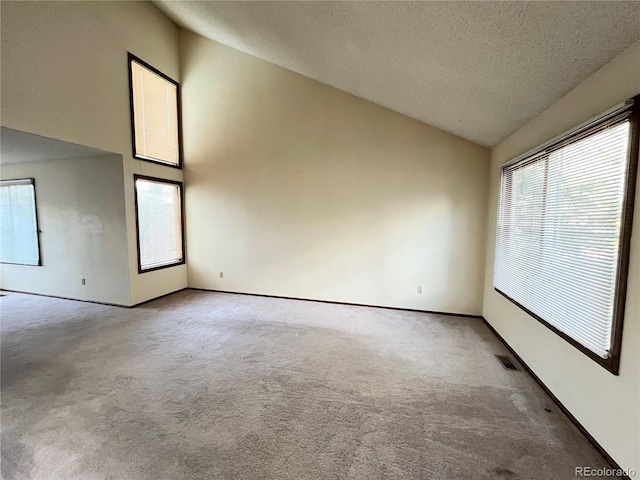 17969 E Brown Pl, Aurora, CO 80013 - unfurnished room featuring lofted ceiling, carpet floors, a textured ceiling, and baseboards