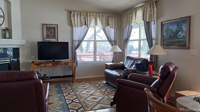 living room featuring wood-type flooring and vaulted ceiling