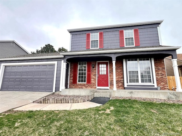 traditional home featuring covered porch, concrete driveway, an attached garage, and brick siding