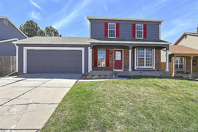 traditional home featuring concrete driveway, an attached garage, and brick siding