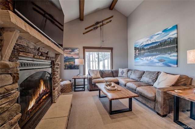 107 Ski Watch Rd Unit 32, Breckenridge, CO 80424 - living area featuring light carpet, beam ceiling, high vaulted ceiling, and a fireplace