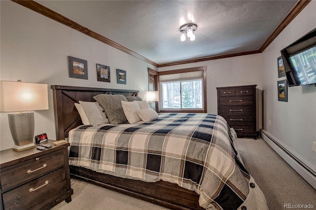 107 Ski Watch Rd Unit 32, Breckenridge, CO 80424 - bedroom featuring light colored carpet, baseboard heating, and crown molding