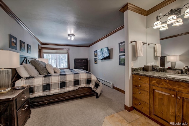 107 Ski Watch Rd Unit 32, Breckenridge, CO 80424 - bedroom with ornamental molding, a baseboard heating unit, light colored carpet, and light tile patterned flooring