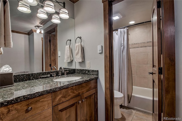 107 Ski Watch Rd Unit 32, Breckenridge, CO 80424 - full bath with vanity, tile patterned floors, shower / tub combo with curtain, and ornamental molding