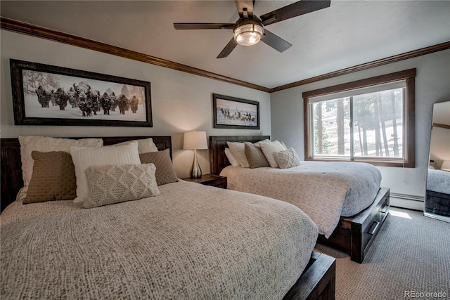 107 Ski Watch Rd Unit 32, Breckenridge, CO 80424 - bedroom featuring a baseboard heating unit, carpet, crown molding, and a ceiling fan