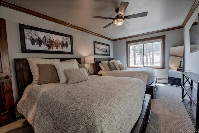 107 Ski Watch Rd Unit 32, Breckenridge, CO 80424 - bedroom with ceiling fan, a baseboard heating unit, dark colored carpet, and crown molding