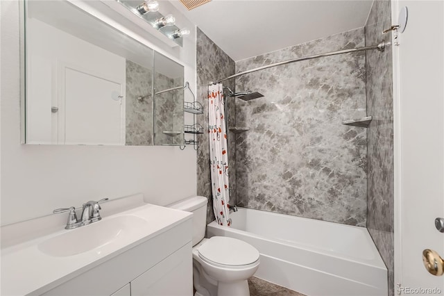 full bathroom with shower / bath combo with shower curtain, vanity, and toilet