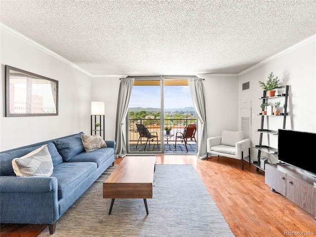 1301 Speer Blvd Unit 702, Denver, CO 80204 - living room featuring light wood-style flooring, a textured ceiling, and ornamental molding