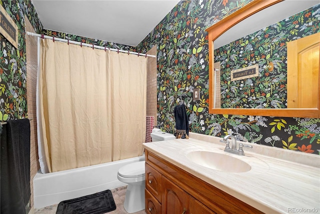 2627 Champa St, Denver, CO 80205 - bathroom featuring wallpapered walls, vanity, shower / bath combo, and tile patterned floors