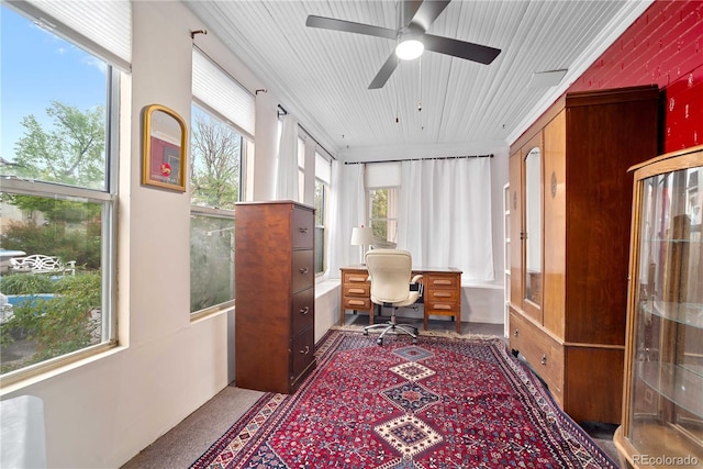 2627 Champa St, Denver, CO 80205 - carpeted office space featuring a ceiling fan and wooden ceiling