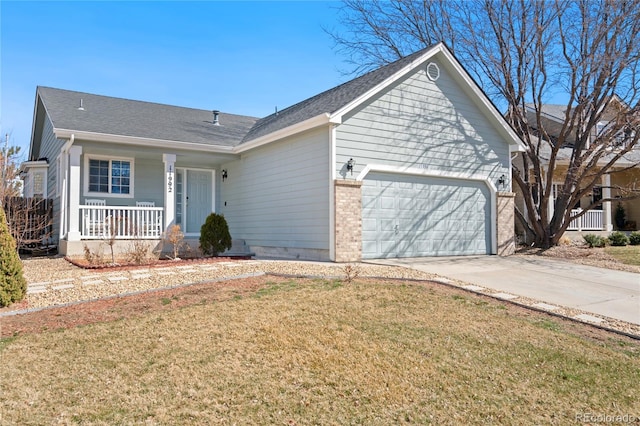 single story home with a garage, a porch, and a front yard