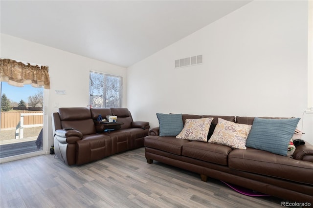 living room with a wealth of natural light, hardwood / wood-style floors, and high vaulted ceiling