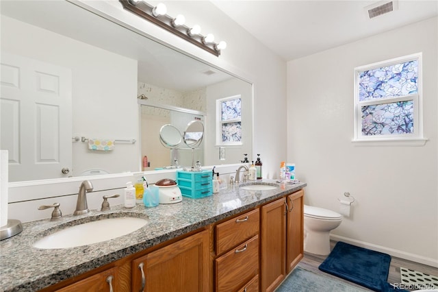 bathroom featuring toilet and double sink vanity