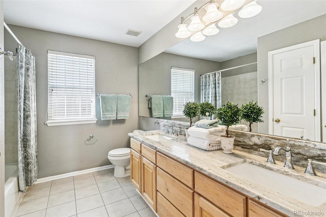 3411 Springbriar Dr, Castle Rock, CO 80109 - bathroom featuring double vanity, tile patterned flooring, toilet, shower / tub combo with curtain, and baseboards