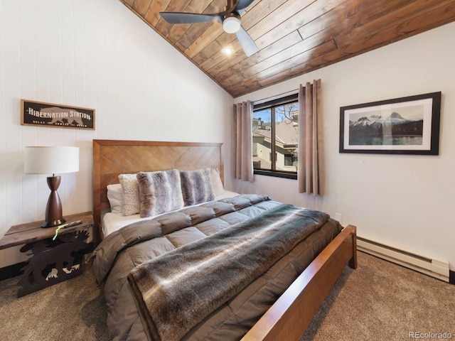 bedroom featuring vaulted ceiling, a baseboard radiator, carpet, ceiling fan, and wood ceiling