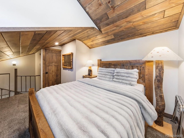 bedroom with carpet flooring, vaulted ceiling, and wooden ceiling