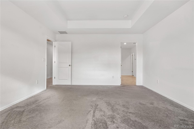 spare room featuring light colored carpet and a tray ceiling