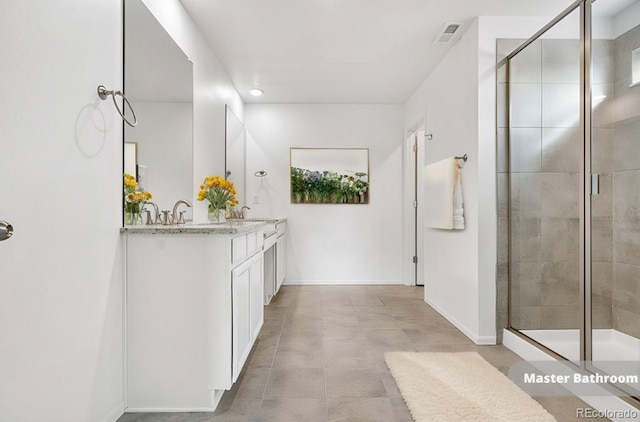 bathroom with walk in shower, concrete floors, and vanity