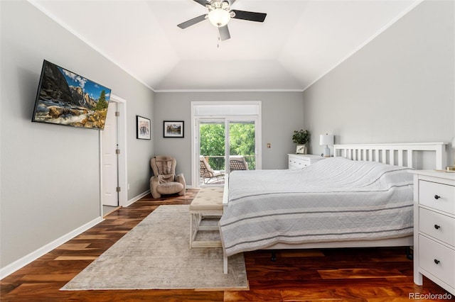 2480 W Jamison Way, Littleton, CO 80120 - bedroom with access to exterior, vaulted ceiling, dark wood-style flooring, ceiling fan, and crown molding