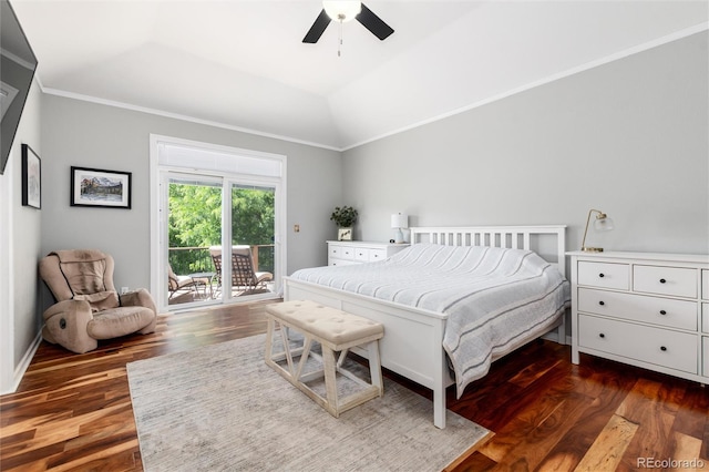 2480 W Jamison Way, Littleton, CO 80120 - bedroom featuring access to exterior, dark wood-type flooring, ornamental molding, vaulted ceiling, and ceiling fan