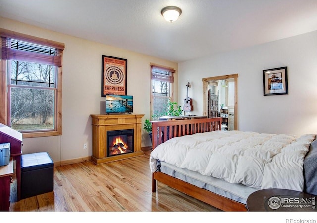 bedroom with multiple windows and light hardwood / wood-style flooring